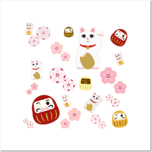 Lucky Cat and Cherry Blossom Medley Posters and Art